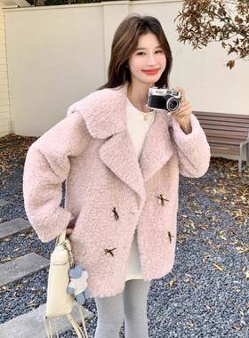 粉色温冬柔风大翻领羊羔毛外套女c159-910025新款减龄保暖仿皮2毛