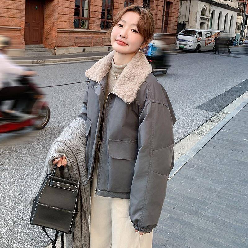 新复古工装羊羔毛拼接棉服2外套女冬短款205款个子C270-275加厚羽