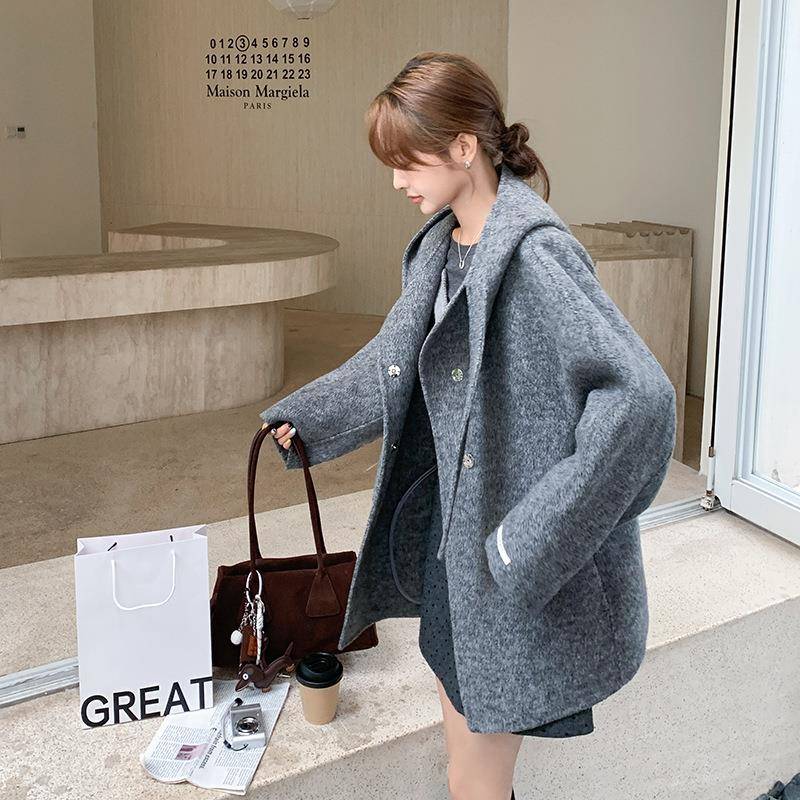 面呢羊大衣女20双25秋冬新款灰色兔耳朵连绒帽小外个子减C289-200