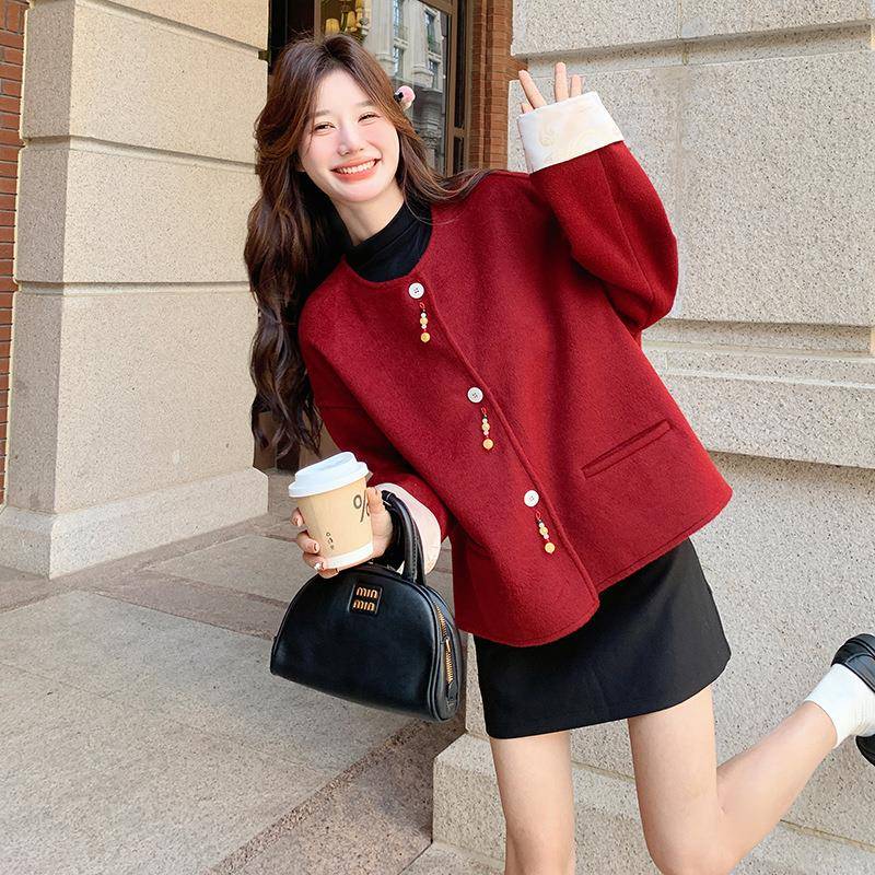 红色小香毛呢短外套女秋冬季20风25年韩系超款好小个看C153-667子