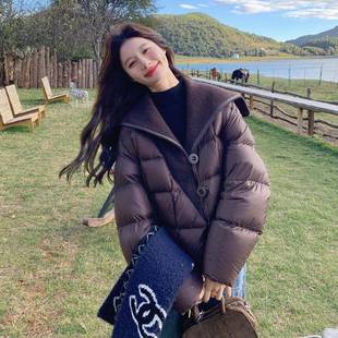 鸭绒酷飒 2025冬新款 咖色羊羔毛拼C299 C29接海军领泡芙羽白服女季