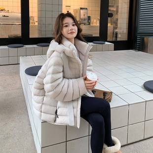 灰色韩系泡芙感连帽排骨羽女绒服2025冬季 251暖厚90白 保米加b128