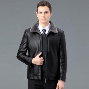 商务休保暖绒皮加夹克外套 0爸男闲装 年皮衣男翻领中秋冬款 爸2108