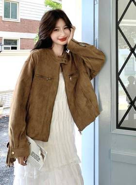 2025秋女季新款松装夹复古克仿麂皮绒立领宽百搭休闲上HS3313-0衣