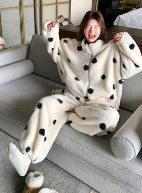 米白毛绒绒波点家腿居套装女色b139-251202冬季新款珊瑚绒外套阔