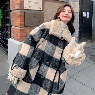 韩版 复古格羊羔毛领毛呢套女中长款 248新5子款 c103 过膝呢 202冬季