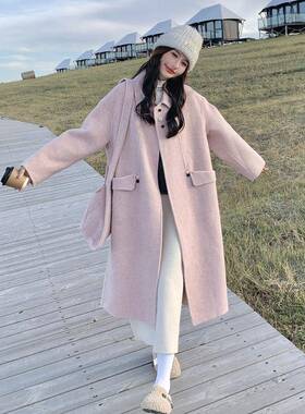 粉色双面羊绒大衣美女中长款2C056-707025冬季新款甜呢减超好看龄