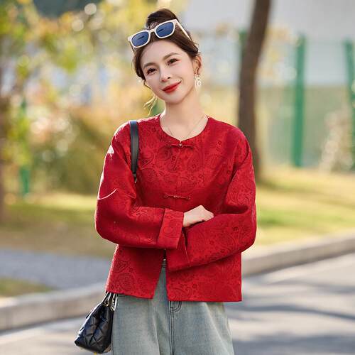 红色短款洋新式外套女春秋新高端款气中漂亮国风盘ZYI960R扣提花