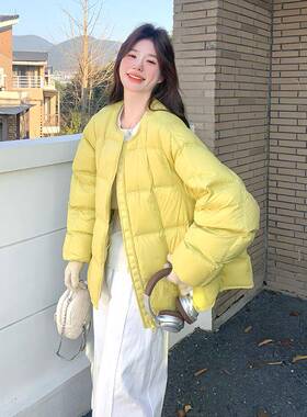 黄绿色c113-883泡芙感方白块计90绒羽绒服女冬季鸭2025新款短款设