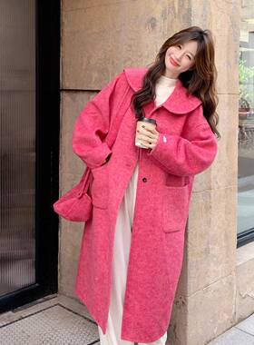 玫闲红色翻领双面羊毛5衣女秋冬20b229-8442新款韩系休中长大款毛
