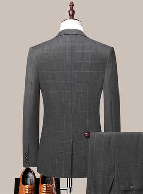 灰色格经西典件平驳领服套装男秋HCY冬新款时都尚市两套西装外套
