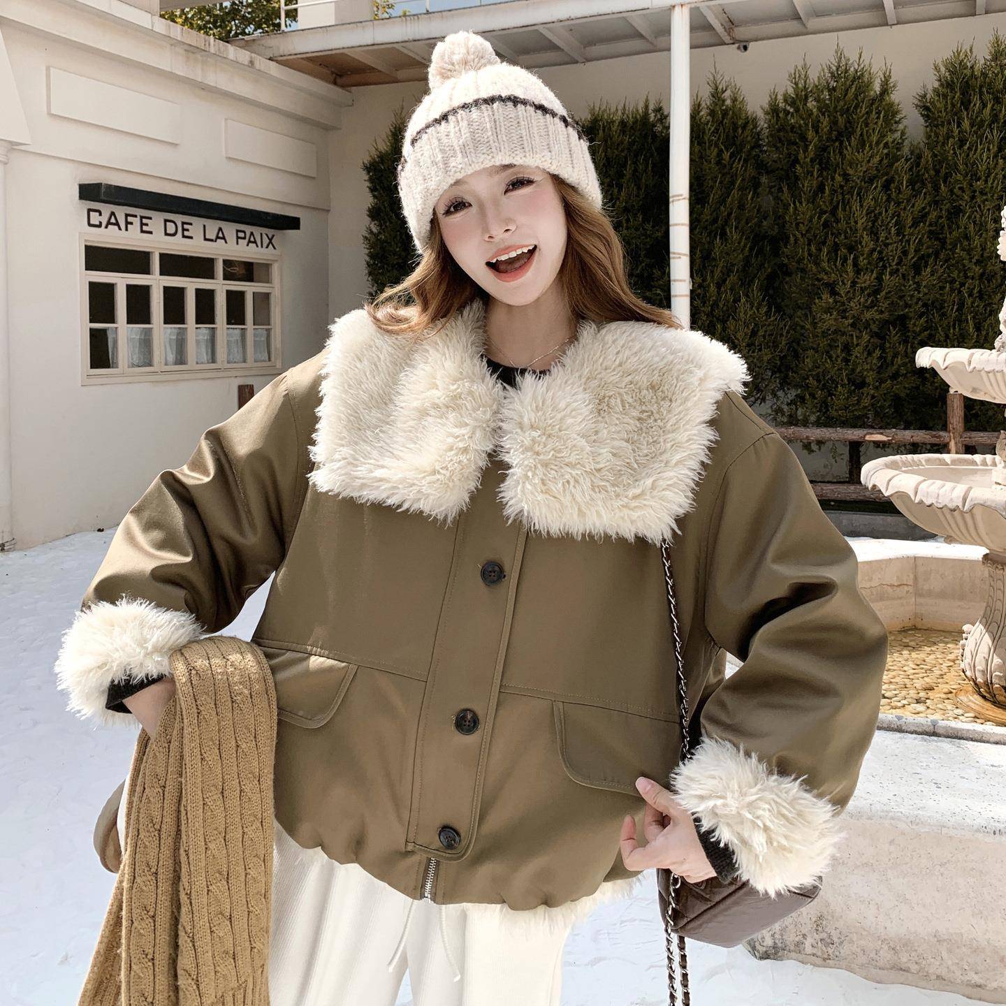 工加装派新克服女季小个子2025年款感大毛领加绒厚机车c166-657棉