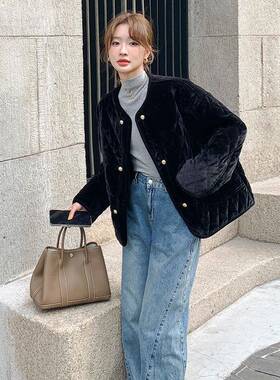 黑色短C277-880款丝绒格羽棉服女冬季绒225新款棉衣外套夹0棉菱轻