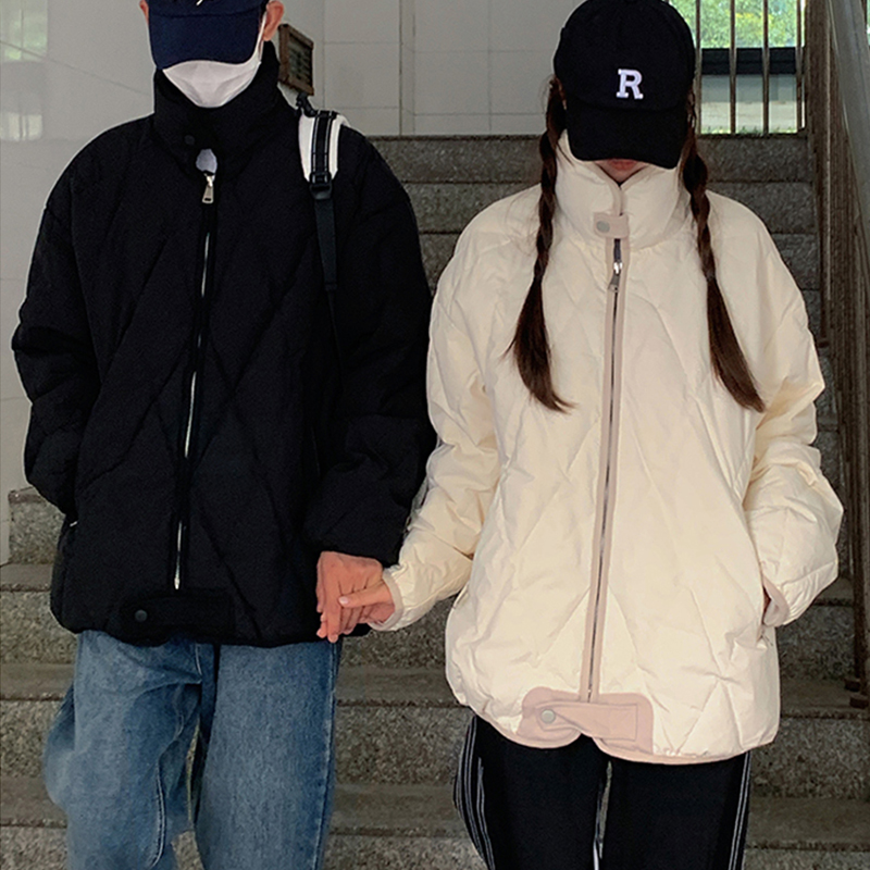 菱形格羽绒棉服女2023年冬季新款立领棉袄ins潮学生情侣棉衣外套