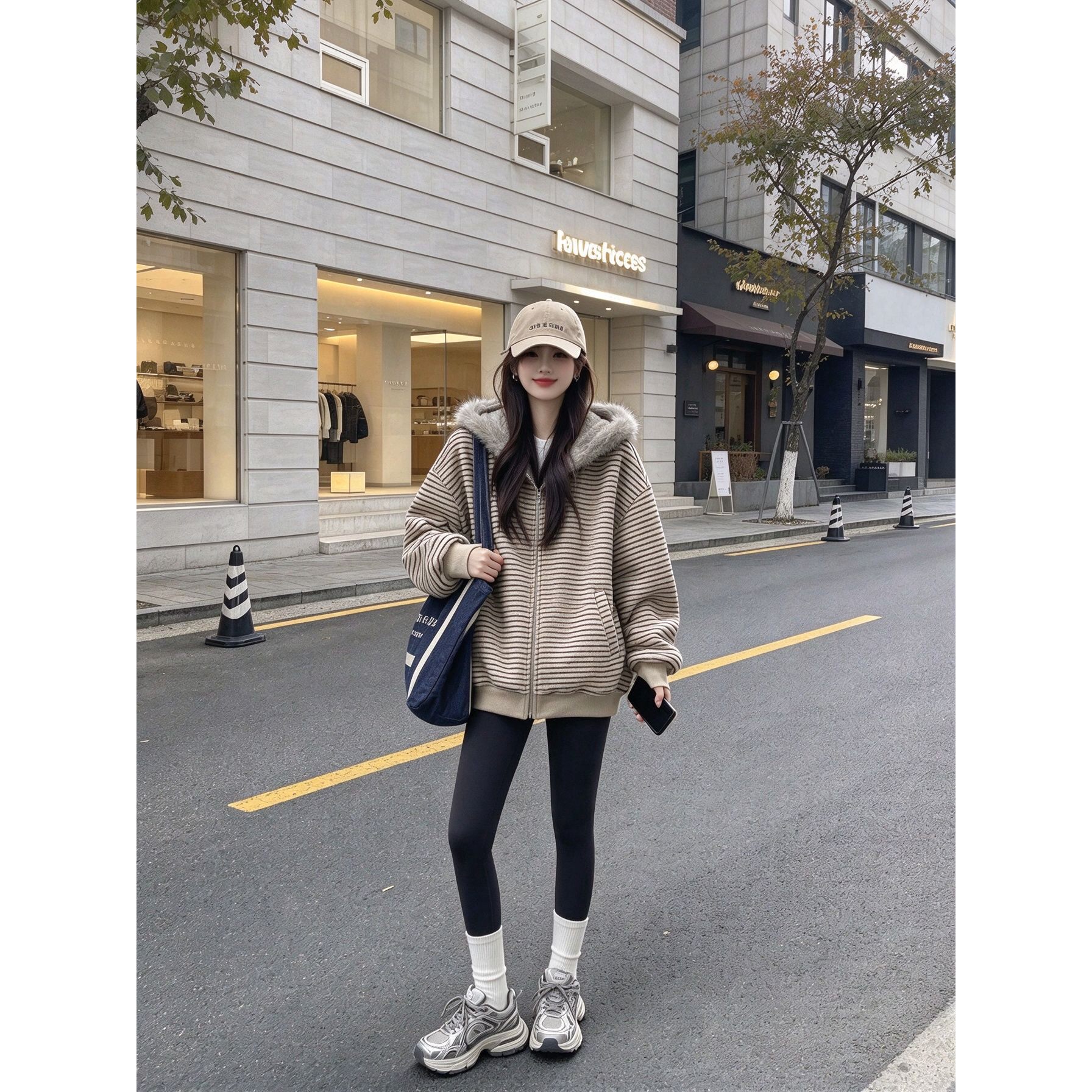 休闲风条纹毛领连帽开衫女秋冬加厚保暖宽松慵懒休闲百搭卫衣外套