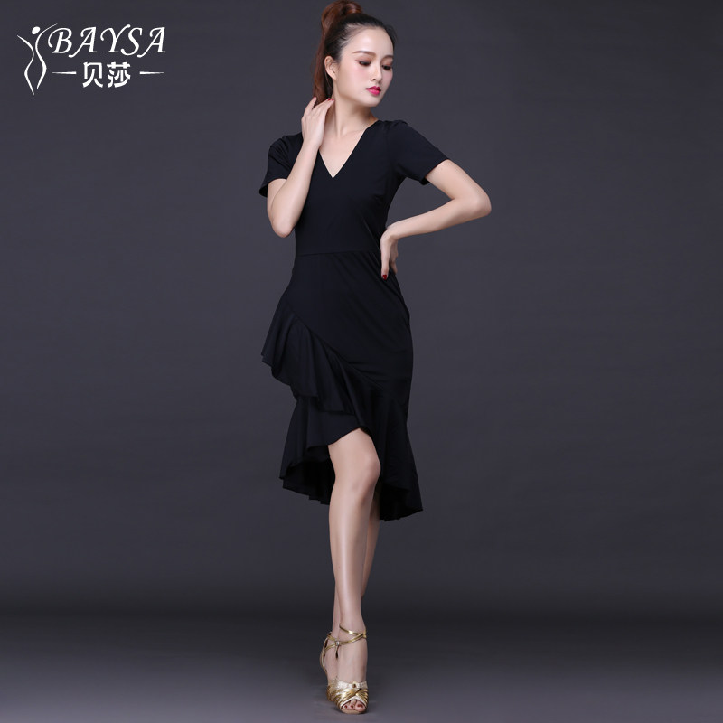 baysa夏季练功服舞蹈女成人春夏新款性感短袖V领拉丁舞服装连衣裙