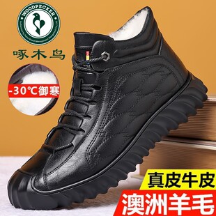 啄木鸟棉鞋男冬季真皮加绒加厚羊毛休闲高帮皮鞋男头层牛皮爸爸鞋