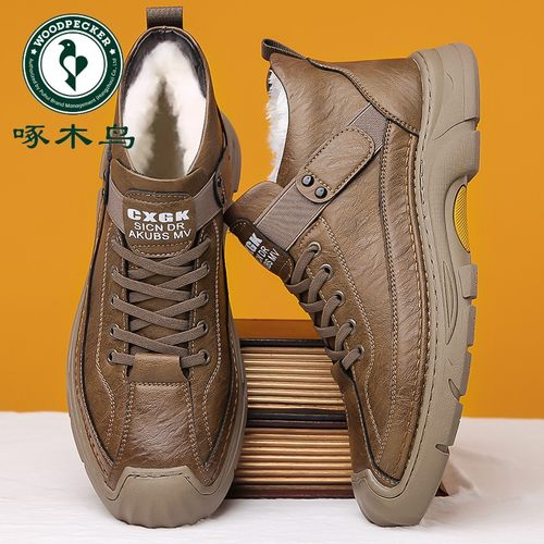 啄木鸟棉鞋男冬季高帮加绒保暖真皮软底棉皮鞋男羊毛雪地靴爸爸鞋
