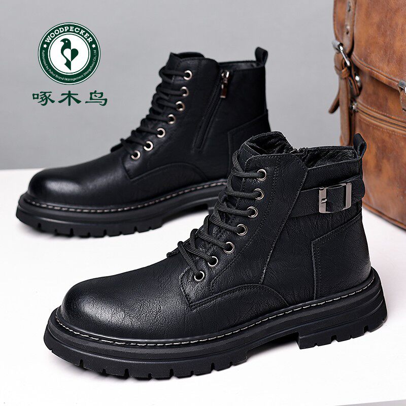 啄木鸟马丁靴男款高帮鞋子休闲男鞋加绒保暖工装短靴真皮雪地靴子