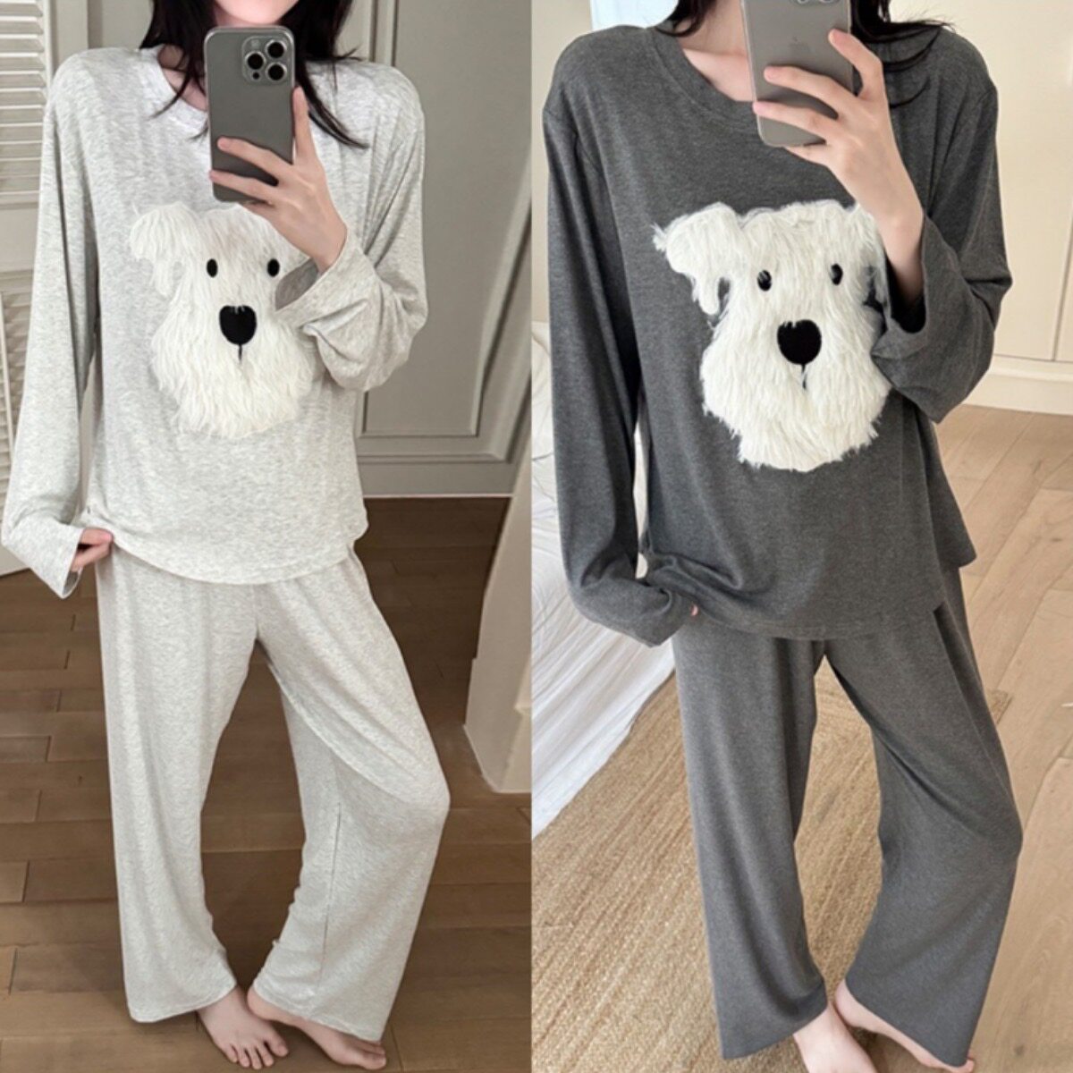 韩系ins卡通可爱狗狗圆领带胸垫睡衣女人棉宽松休闲家居服套装女