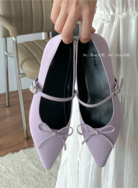 韩国东大门气质优雅甜美蝴蝶结一字带紫色浅口尖头玛丽珍平底单鞋