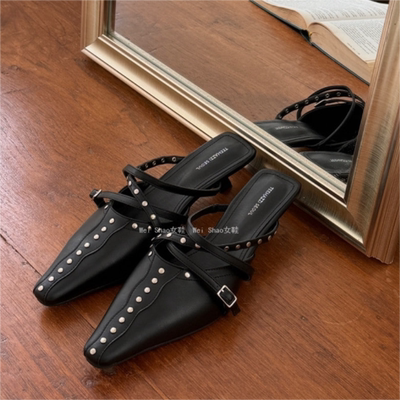 交叉皮带扣细跟包头拖外穿半拖鞋