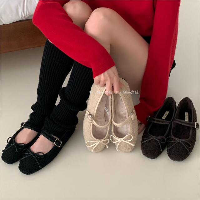 加绒棉鞋甜美蝴蝶结毛茸茸平底鞋