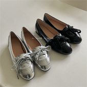 韩国东大门代购 银色平底单鞋 春夏百搭休闲鞋 系带圆头一脚蹬德训鞋