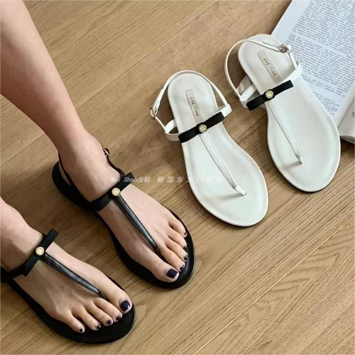 蝴蝶结细带夹趾平底时尚凉鞋