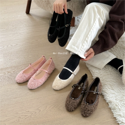 韩国东大门秋冬新款甜妹风气质一字带圆头玛丽珍浅口平底毛毛单鞋