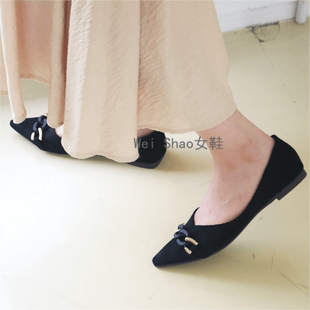 韩国东大门代购24秋季新款小众设计通勤复古尖头套脚绒面平底单鞋