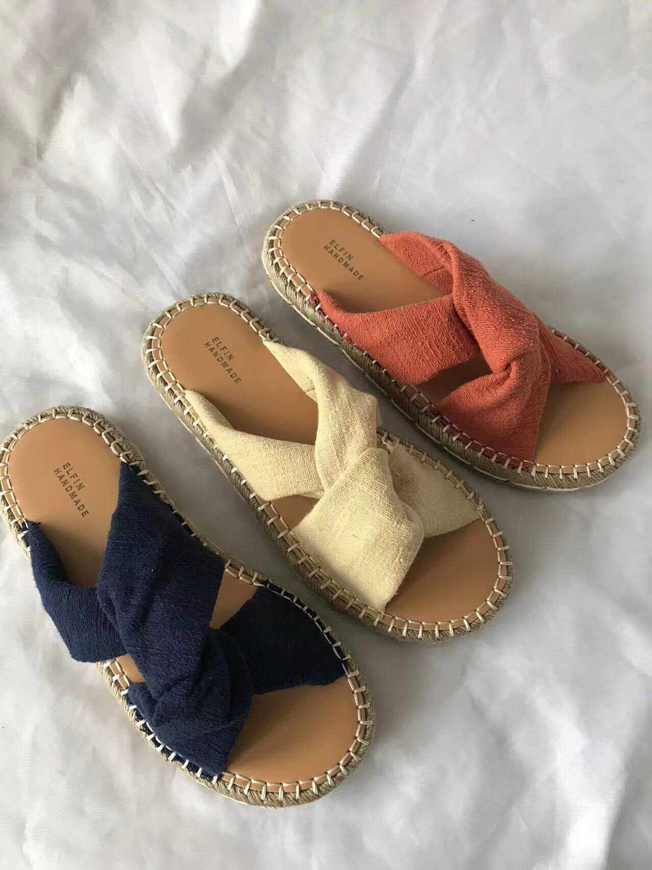 Wei Shao女鞋简约亚麻编织交叉带舒适草编编织底露趾外穿凉拖鞋,女鞋,一字拖,淘宝优惠券,粉丝福利购,淘宝优惠卷