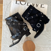 韩国东大门代购 26春夏潮酷皮带扣夹趾套筒粗跟短筒裤 管凉靴露趾