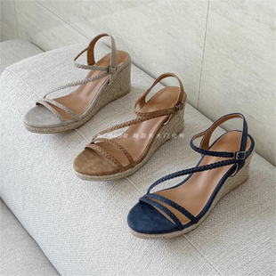 凉鞋 韩国东大门代购 复古文艺亚麻编织细带坡跟露趾时装 新款 夏季