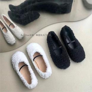温柔平底豆豆棉鞋 韩国东大门代购 秋冬加绒保暖一字带玛丽珍毛毛鞋