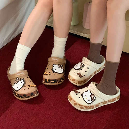 足弓软底夏季学生沙滩包头凉拖鞋时尚度假豹纹HelloKitty洞洞鞋女