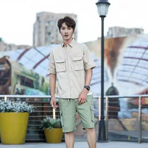 夏季大码印花风休闲男士新潮款青年短袖衬衫工装衬衫图片
