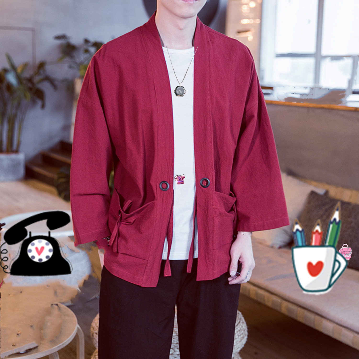 风外套男七分袖唐装汉服夏薄款宽松日系开衫道袍和服亚麻上衣，男装民族服装，星座1804