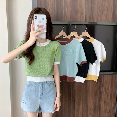 牛油果绿夏季正肩短袖t恤女薄款冰丝针织衫小个子150收腰短款上衣