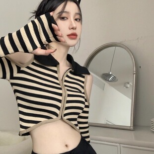 polo领条纹针织开衫女春秋纯欲辣妹性感短款露肩上衣修身长袖毛衣