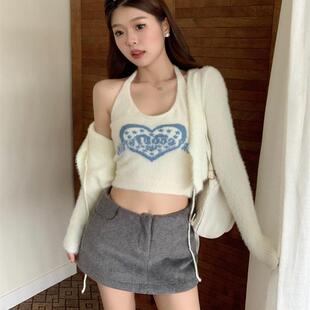 仿貂毛针织小吊带女辣妹爱心提花甜酷风挂脖式 背心毛绒露腰上衣女