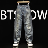 潮流痞帅气百搭长裤 春秋假破洞牛仔裤 补丁休闲裤 微弹直筒修身 男式