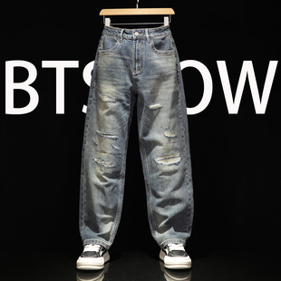 潮流痞帅气百搭长裤 秋冬假破洞牛仔裤 补丁休闲裤 微弹直筒修身 男式