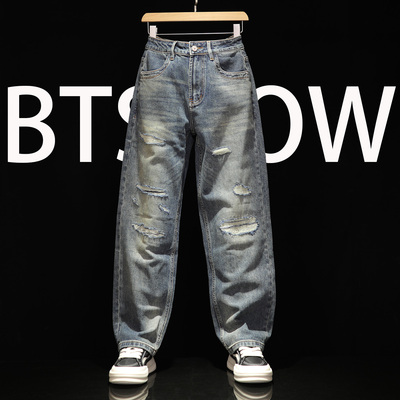 假破洞真补丁男士牛仔休闲直筒裤