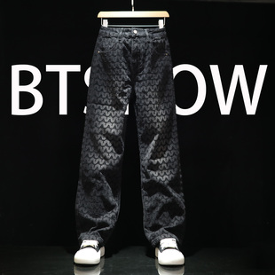 都市帅气提花中腰长裤 秋冬黑色直筒牛仔裤 宽松休闲长裤 大码 子 男式