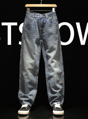 秋冬全棉牛仔裤男士高端大码直筒宽松休闲裤潮流中腰拉链男生长裤