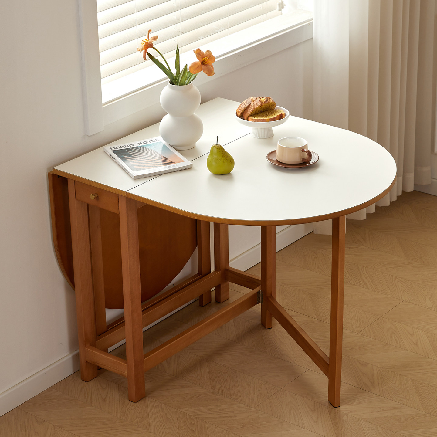 中古风椭圆形可折叠榉木餐桌复古樱桃木小户型家用饭桌多功能书桌,住宅家具,实木餐桌,淘宝优惠券,粉丝福利购,淘宝优惠卷