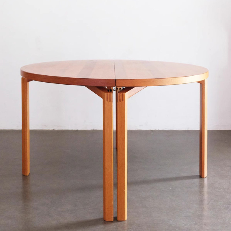 丹麦中古风圆餐桌实木复古樱桃木家用圆桌小户型橡木书桌吃饭桌子