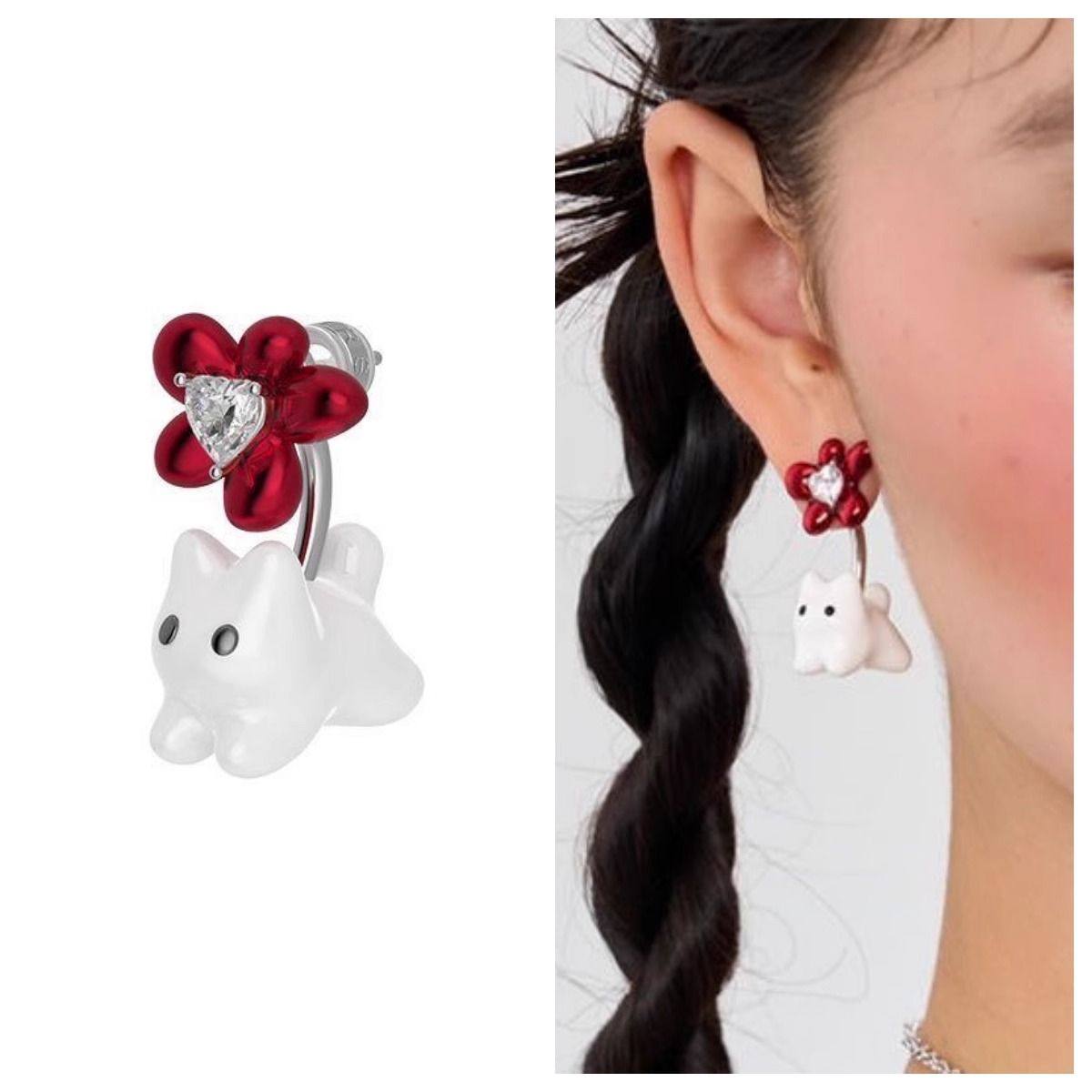 发猫系列大红花猫猫耳钉珐琅小众设计2025新品创意时尚,饰品/流行首饰/时尚饰品新,耳环,淘宝优惠券,粉丝福利购,淘宝优惠卷