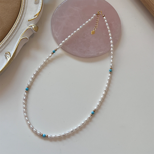 天然小米珍珠项链绿松石锁骨链女